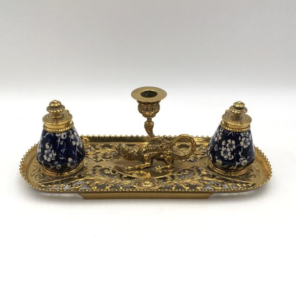 Antique Gilt Bronze Dragon Filigree and Ceramic Inkwell Candle Holder - Picture 2 of 8